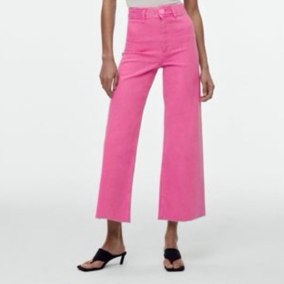 Zara Hot Pink Marine Straight High Rise Wide Leg Jeans 
Raw Hem, Sz 4 - Picture 2 of 15